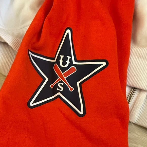 Divided White and Red Zip-Up Hoodie with Varsity Patches - Picture 8 of 8